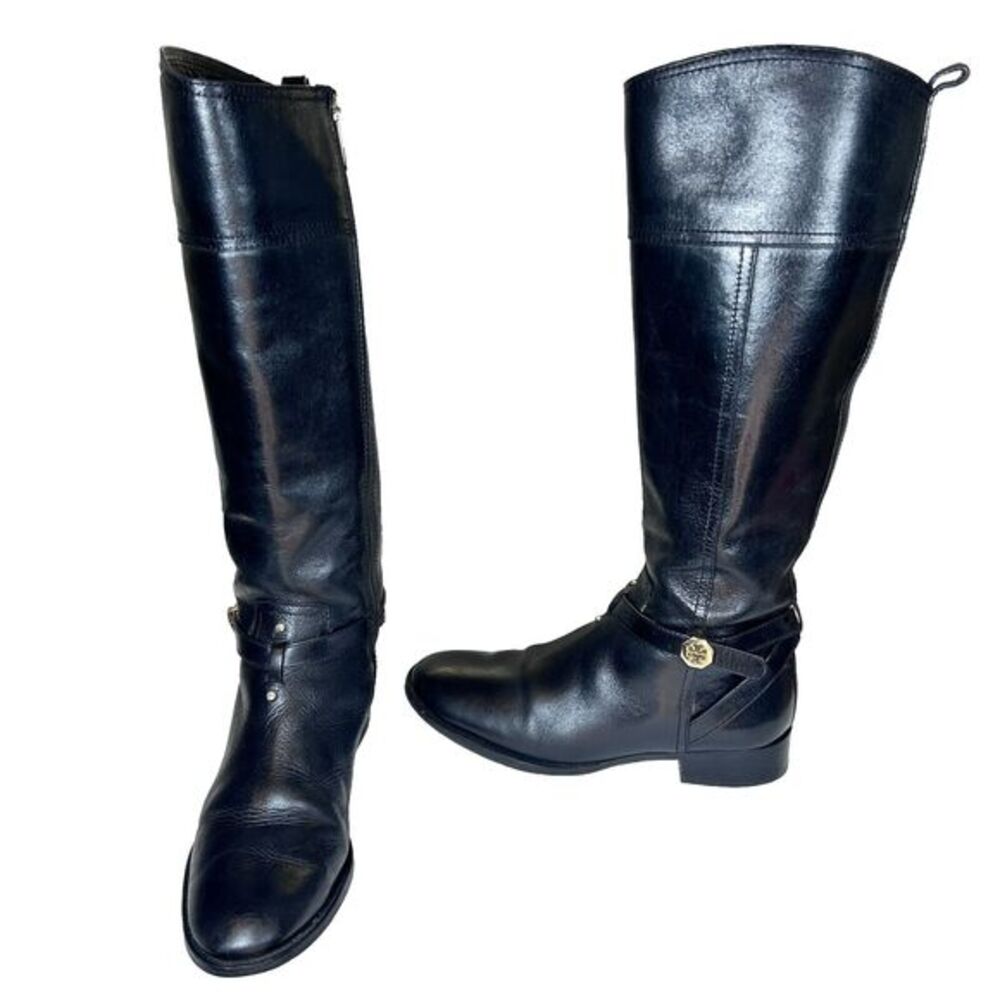 Tory Burch Brita Tall‎ Riding Boot Black Leather Harness Zip Up Knee High Size 9